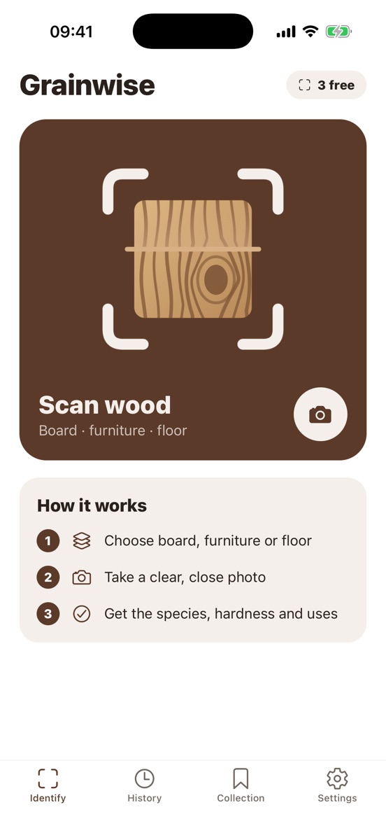 The Grainwise app: a large Scan wood card and a three-step guide